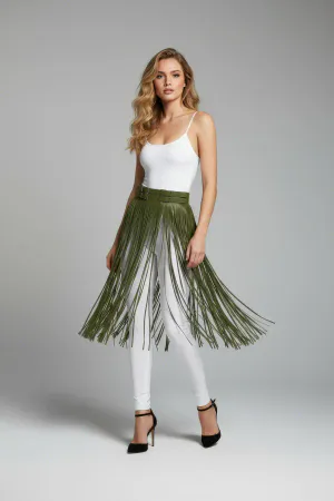 Faux Leather Tassel Skirt Belt – High Waist Khaki Fringe