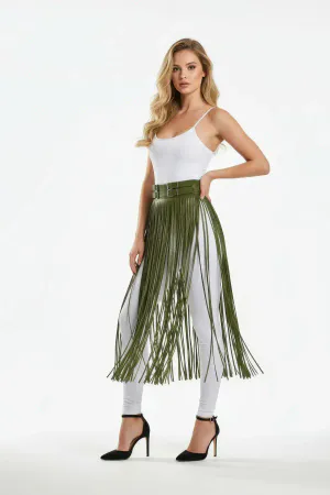 Faux Leather Tassel Skirt Belt – High Waist Khaki Fringe