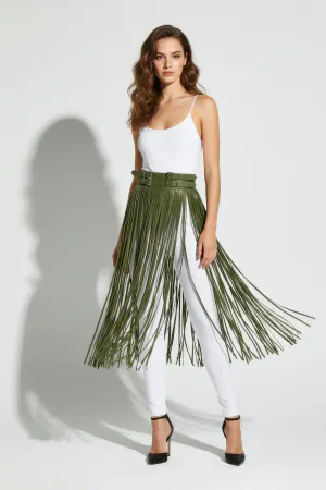 Faux Leather Tassel Skirt Belt – High Waist Khaki Fringe