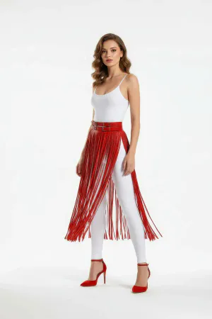 Red Fringe Skirt | High Waist Faux Leather Tasseled Skirt