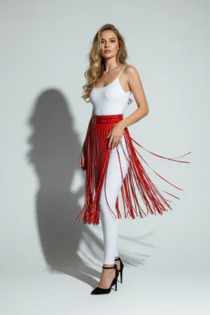 Red Fringe Skirt | High Waist Faux Leather Tasseled Skirt