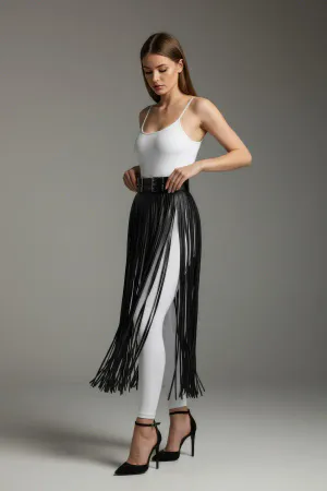 Leather Fringe Skirt Women's Long Black Statement Belt