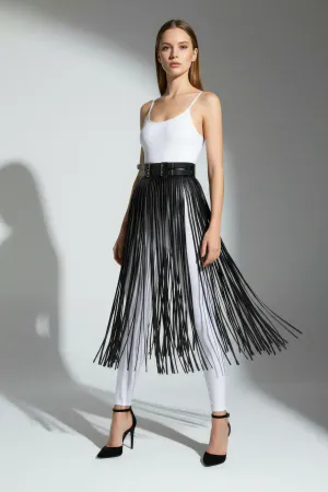 Leather Fringe Skirt Women's Long Black Statement Belt