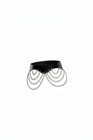 Black Faux Leather Draped Chain Hip Harness Accessory with Tiered Silver Chains