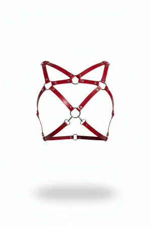 Red Faux Leather Chest Harness Women X-Strap Design Adjustable Silver Hardware