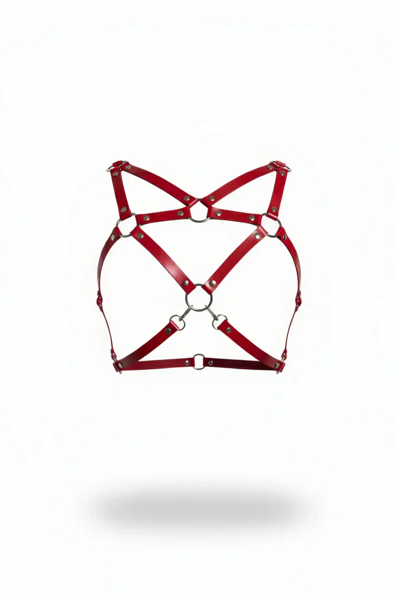Red Vegan Leather Harness Front View Silver O