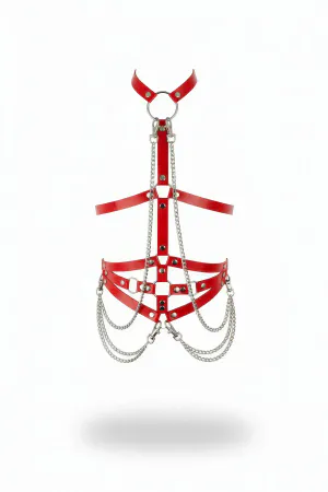Red Faux Leather Body Harness with Choker and Draped Silver Chains