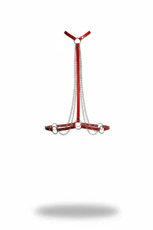 Red Faux Leather Body Harness with Choker and Draped Silver Chains