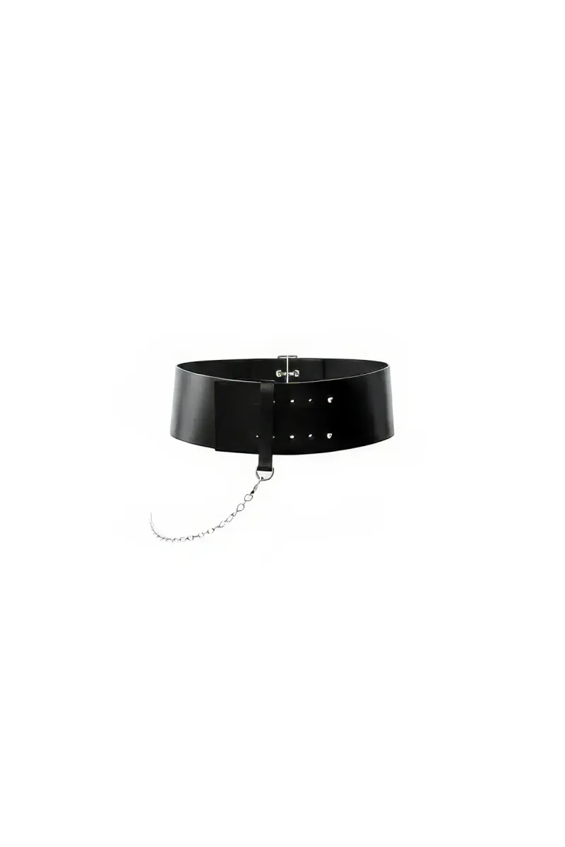 Wide Black Faux Leather Waspie Belt with Detachable Silver Chain