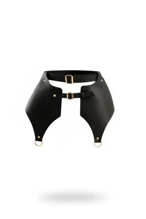 Black Faux Leather Waist Harness with Sculpted Panels and Gold Buckles