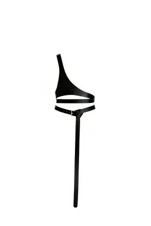 Black Faux Leather Asymmetric Body Harness with Single Shoulder and Long Front Strap Detail