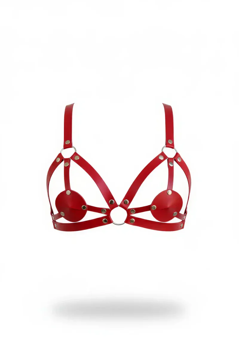 Red Faux Leather Harness Bra with Fixed Nipple Covers and Silver O-Ring