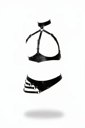 Black Harness Set with Leather Neck Collar and Adjustable Buckle - APFT1139
