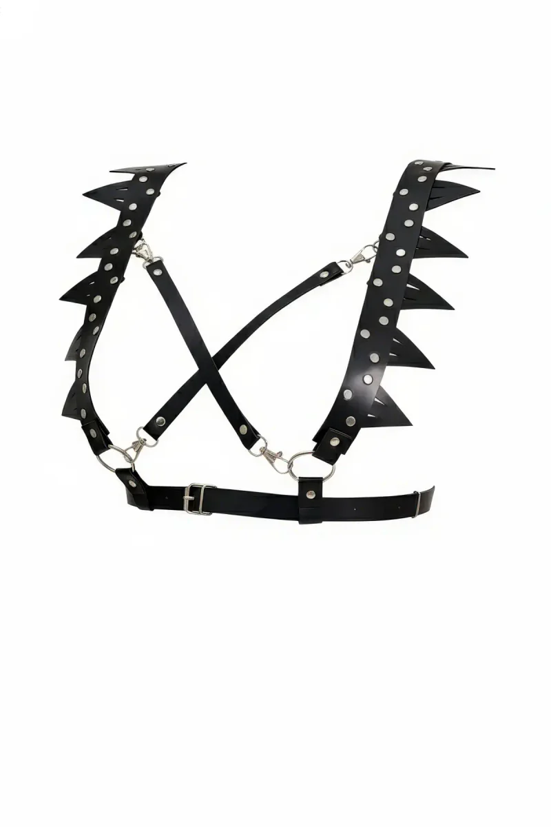 Black Faux Leather Spiked Shoulder Harness Bra with Silver Studs
