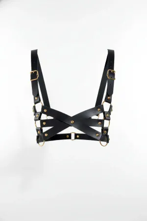 Caged Strappy Faux Leather Harness Bra with X-Cross Detail