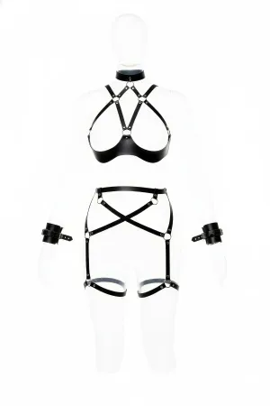 Black Harness Suit with Leather Garter Neck Collar Detail - APFT1189