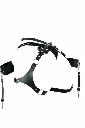 Black Harness Set with Leather Bow Detail and Metal Ring Accessory - APFT1197