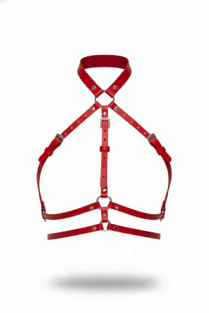 Red Faux Leather Choker Chest Harness Silver O-Rings Adjustable Buckle Straps