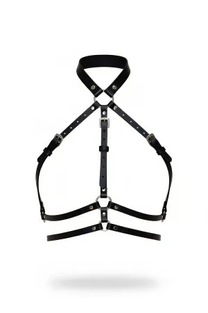 Black Faux Leather Body Harness with Choker Collar and Silver O-Rings Adjustable Straps