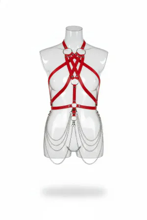 Red Faux Leather Full Body Harness Women Interwoven Chest Detachable Draped Hip Chains Silver Hardware
