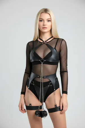 Black Harness Suit Leather Chain Detailed Body Accessory - APFT1219