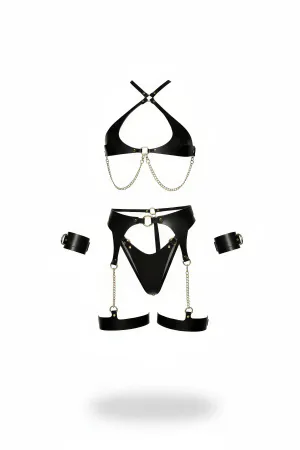 Black Harness Set with Chain Detail Faux Leather Handcuffs - APFT1219