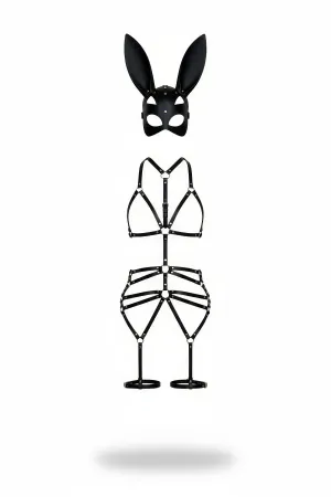 Black Harness Suit Full Body Rabbit Mask with Leather Detail - APFT121