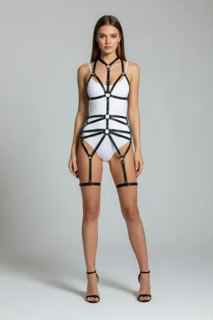 Black Faux Leather Full Body Harness with O-Ring Garter Straps