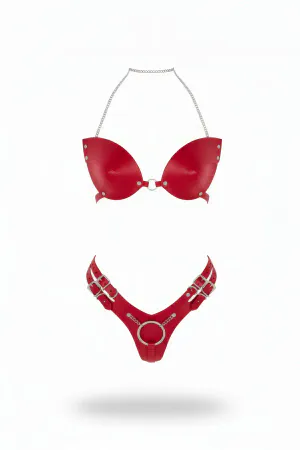 Red Harness Suit with Shiny Leather Chain Neck Detail - APFT1223