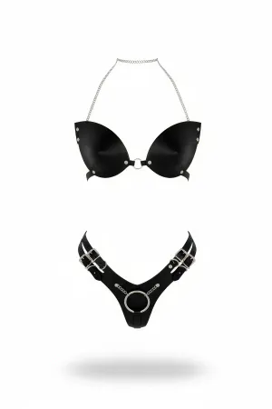 Black Harness Set Faux Leather Bralette with Chain Detail - APFT1223