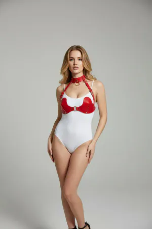 Red Chest Harness with Shiny Faux Leather Ring Detail - APFT1226