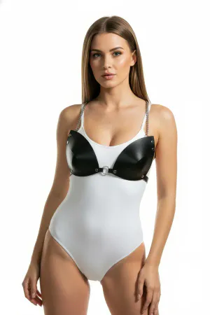 Black Chest Harness Leather Chain Detailed Bustier - APFT1227