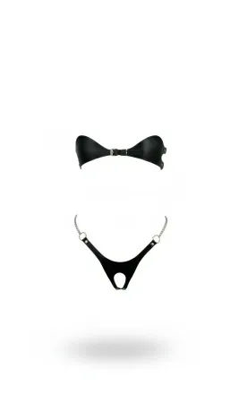 Black Harness Set Faux Leather Chain Detailed Bralette Bottom Set - APFT1234