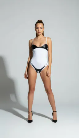 White and Black Faux Leather Bodysuit with Silver O-Rings