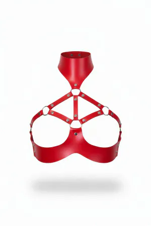 Red Faux Leather High-Neck Underbust Harness with Silver O-Rings and Adjustable Straps