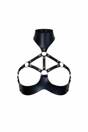 Black Faux Leather High Collar Chest Harness Women with Silver O-Rings and Adjustable Straps