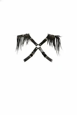 Black Fringed Faux Leather Body Harness with X-Back Adjustable Straps