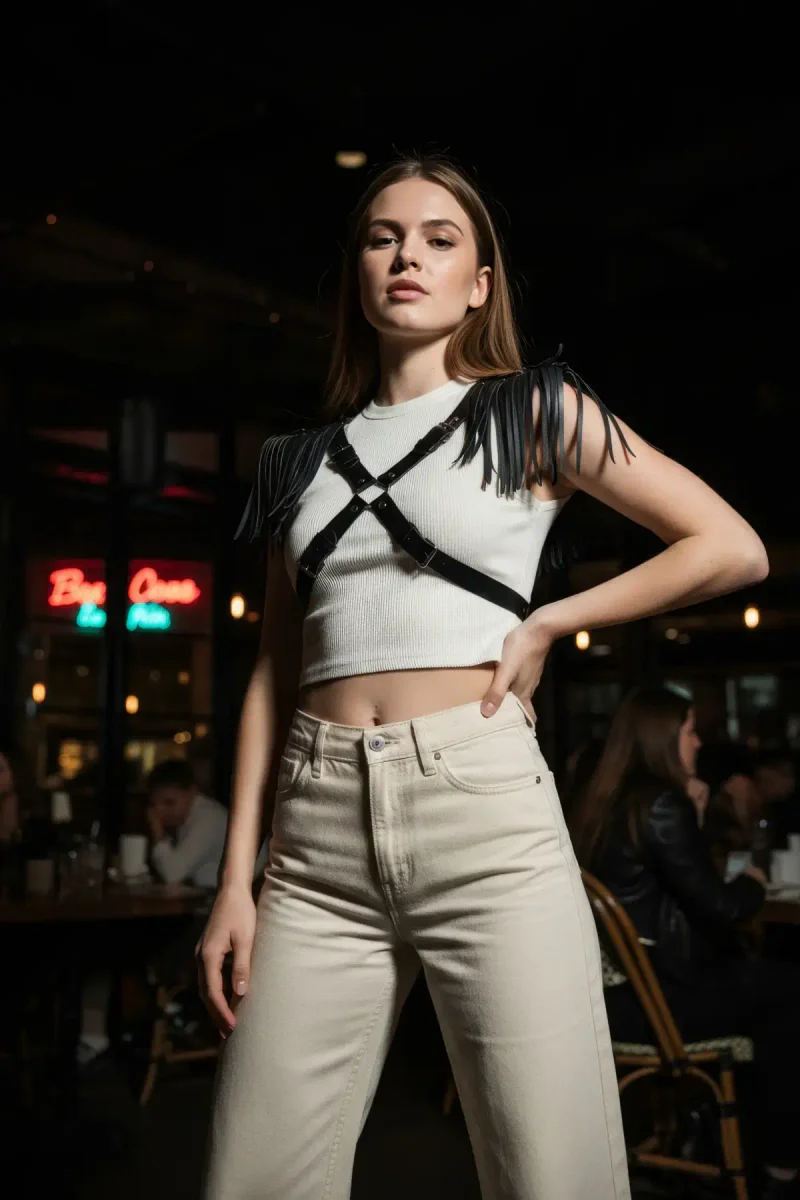 Black vegan leather fringed harness styled over