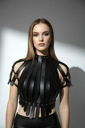 Black Faux Leather High-Neck Studded Harness Crop Top