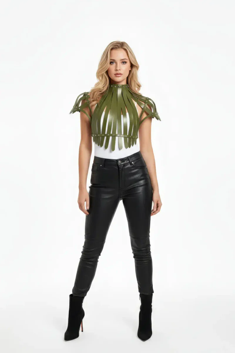 Khaki Women's Belt Leather Studded High Collar Corset - APFT1257