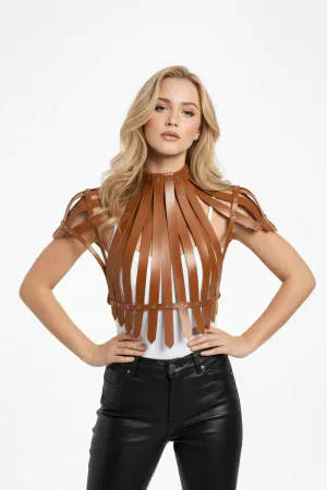 Tan Women's Belt Stud Detailed Leather Corset Vest - APFT1257