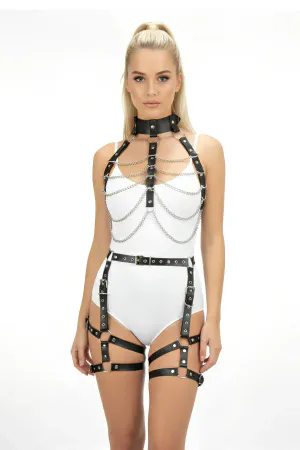 Black Harness Suit Chain Detailed Body And Leg Accessory - APFT1262