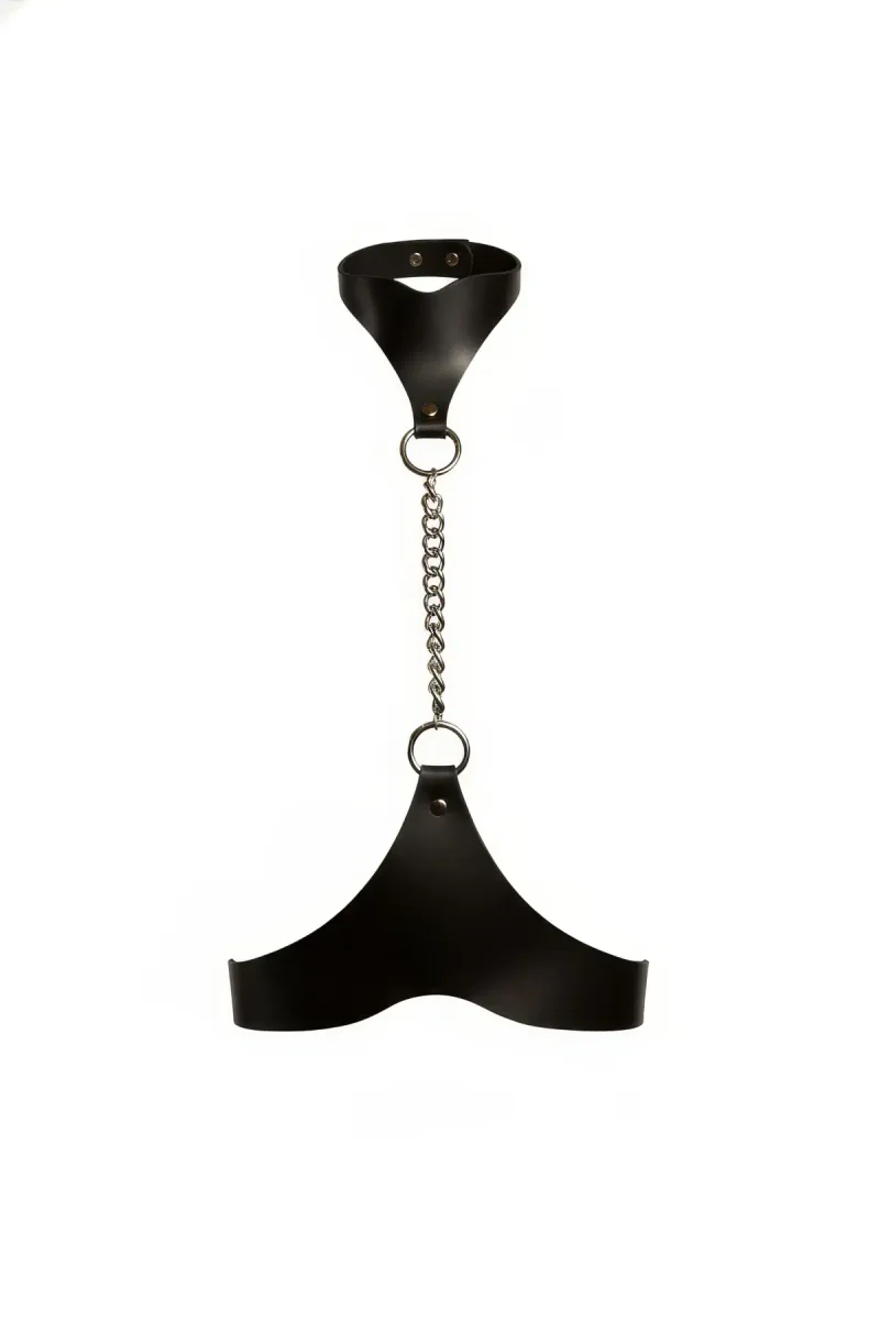 Black Faux Leather Collar-to-Underbust Chain Harness Silver Hardware