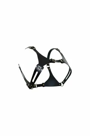Black Vegan Leather Structured Chest Harness with Adjustable Buckle Straps and Silver Hardware