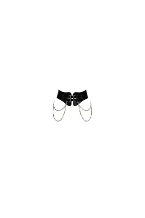 Black Faux Leather Corset Belt with Double Silver Buckles and Draped Chains for Waist Cincher Look