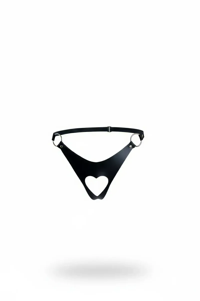 Black Faux Leather Thong with Heart Cut-Out and O-Rings