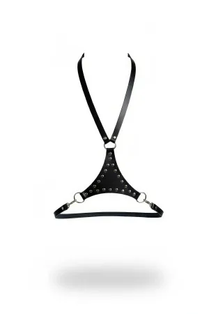 Black Faux Leather Chest Harness with Studded Triangular Panel and Adjustable Y-Strap Design