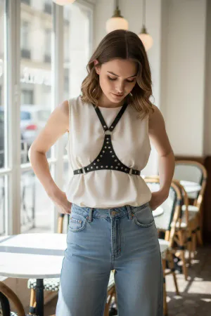 Black Women's Belt Studded Leather Shoulder Accessory - APFT1279