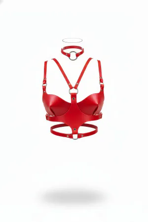 Red Faux Leather Harness Bra and Choker Set for Women with Silver O-Rings & Adjustable Straps