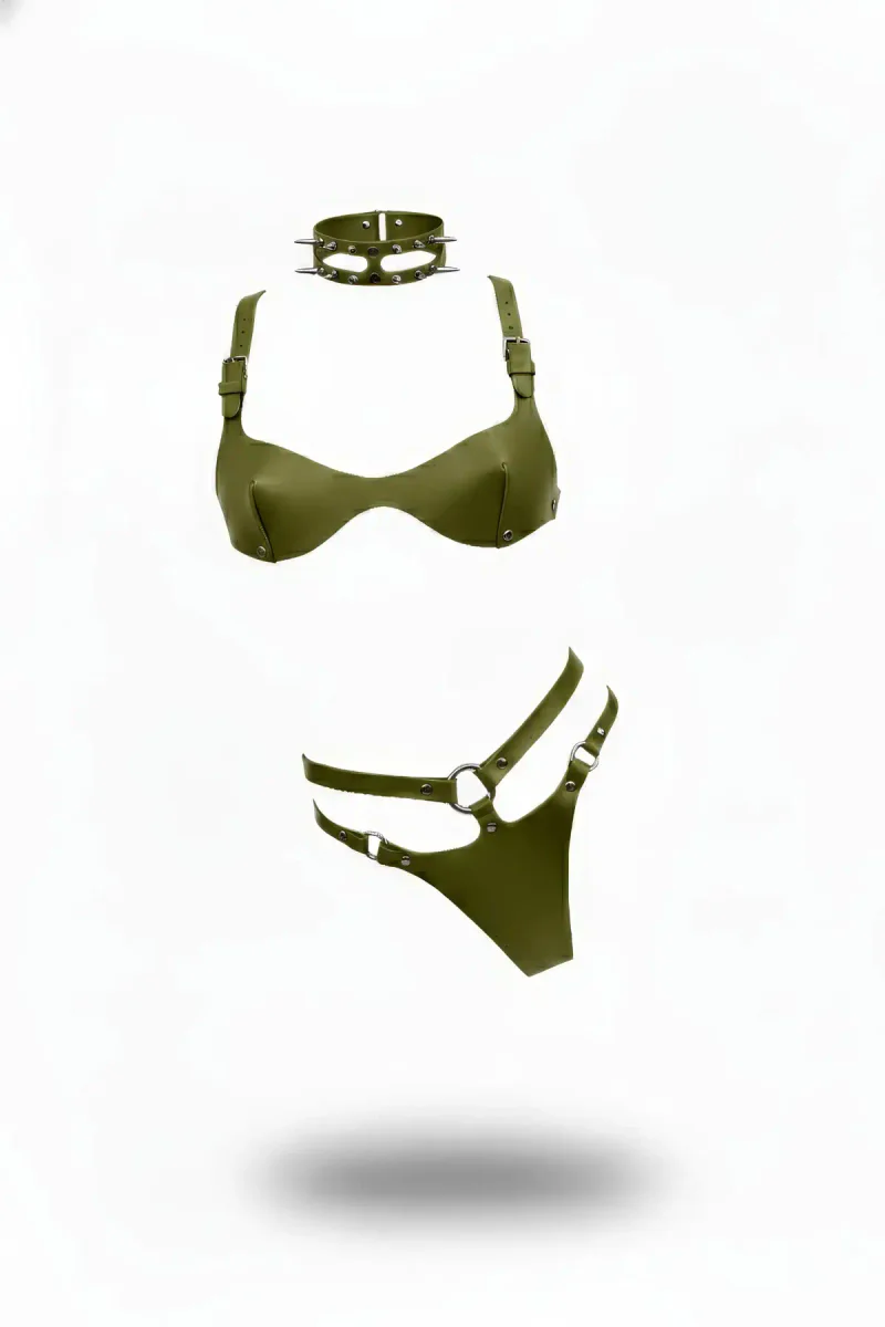 Khaki Faux Leather Bra and Thong Harness Set with Studded Choker